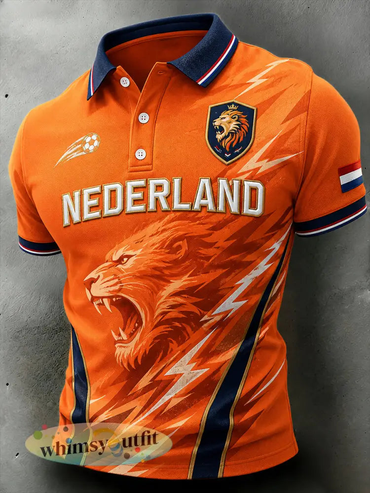 Herenpoloshirt met korte mouwen en print van een leeuw en een voetbal - A / S