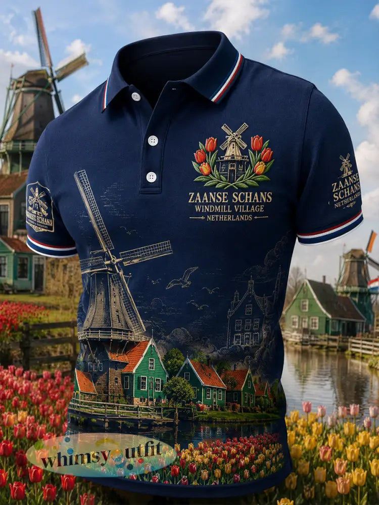 Herenpoloshirt met korte mouwen en souvenirprint van een molenendorp - A / S
