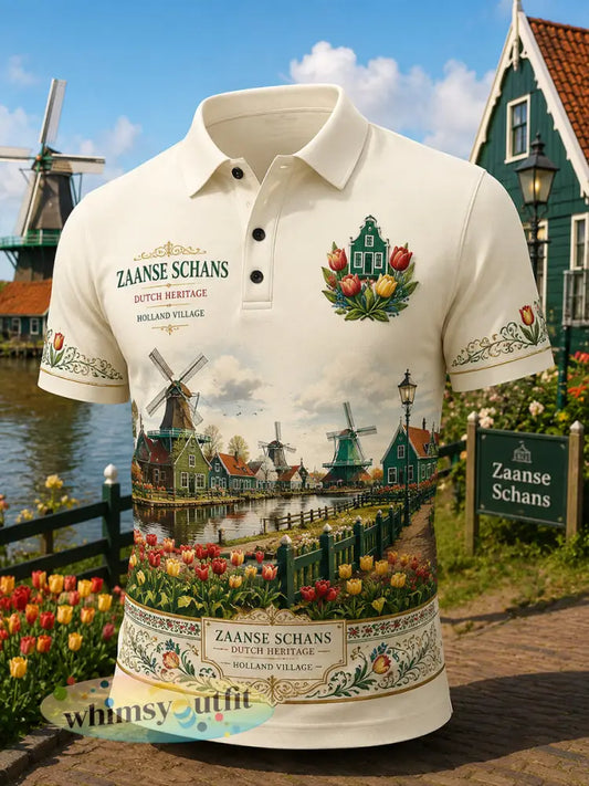 Herenpoloshirt met korte mouwen en souvenirprint van een molenendorp - A / S