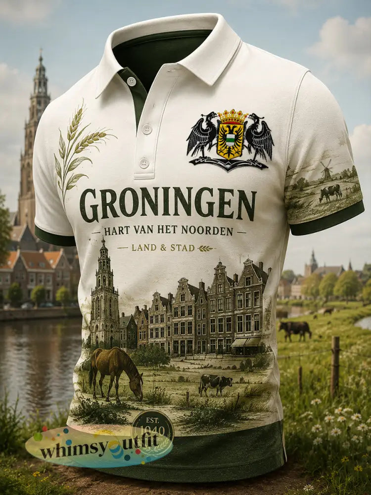 Herenpoloshirt met korte mouwen en stedelijk herdenkingsmotief - A / S