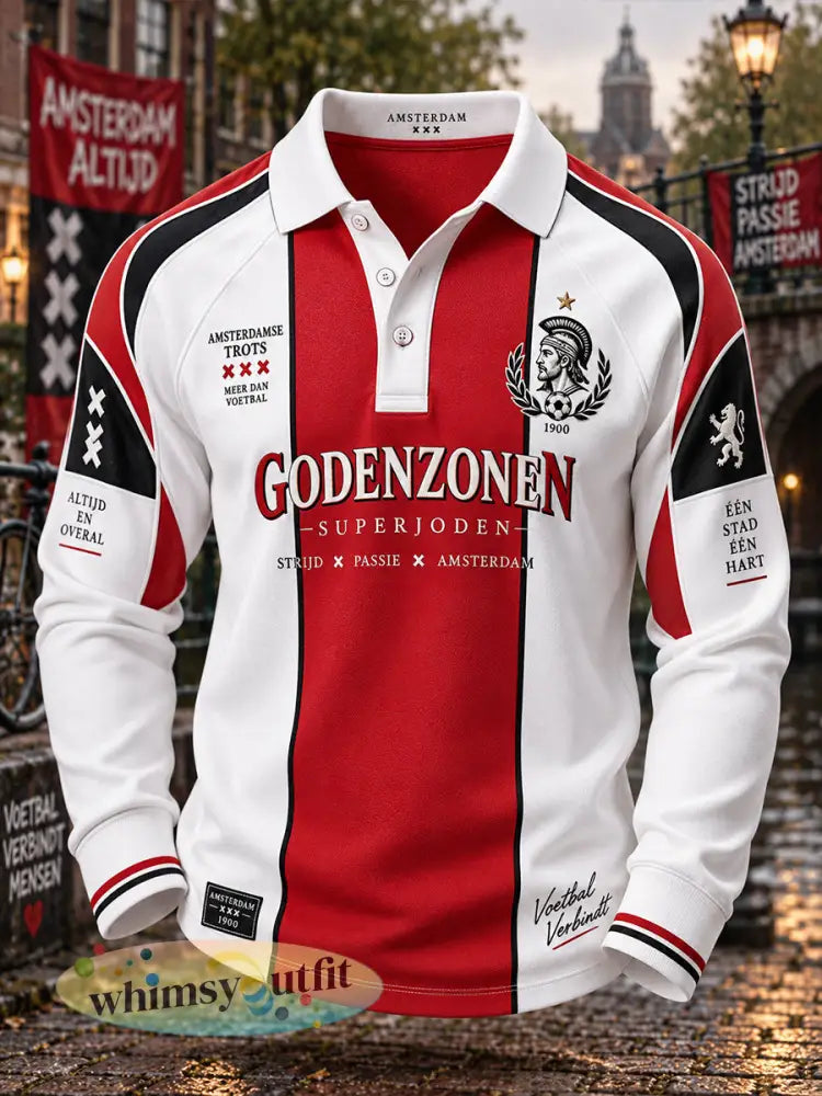 Herenpoloshirt met lange raglanmouwen en voetbalherdenkingsprint - A / S