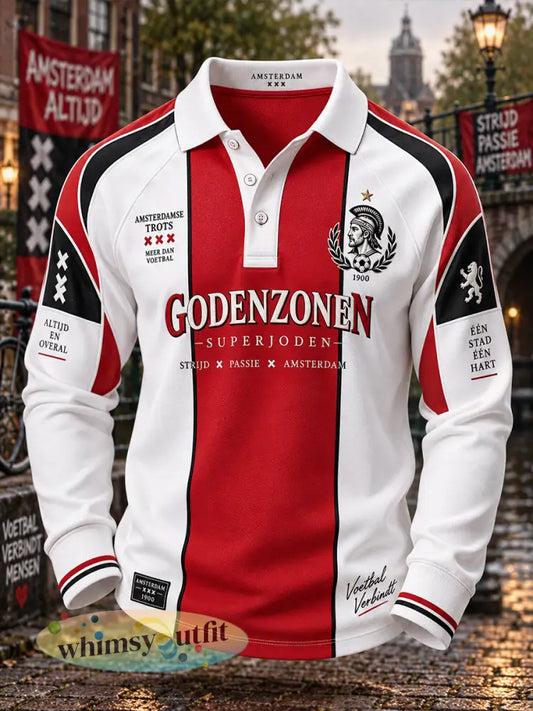 Herenpoloshirt met lange raglanmouwen en voetbalherdenkingsprint - A / S