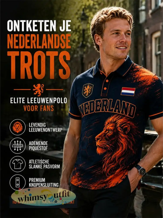 Herenpoloshirt met leeuwenvoetbalkunstprint en korte mouwen