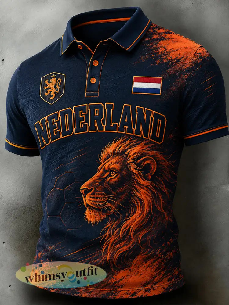 Herenpoloshirt met leeuwenvoetbalkunstprint en korte mouwen - A / S