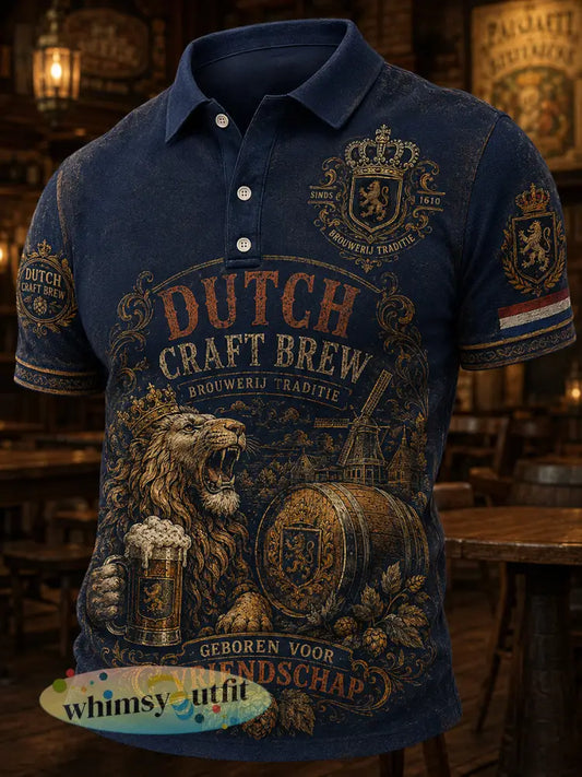 Herenpoloshirt met retro leeuwen- en bierprint en korte mouwen - A / S