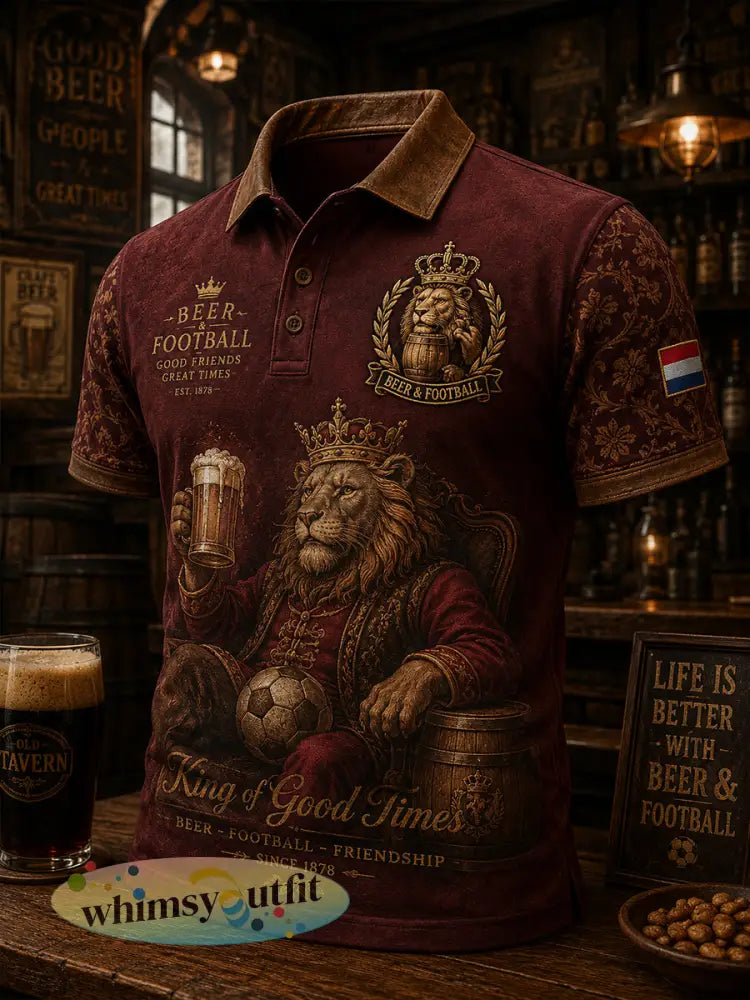 Herenpoloshirt met retro leeuwen- en bierprint en korte mouwen - A / S