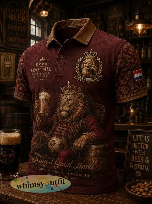 Herenpoloshirt met retro leeuwen- en bierprint en korte mouwen - A / S