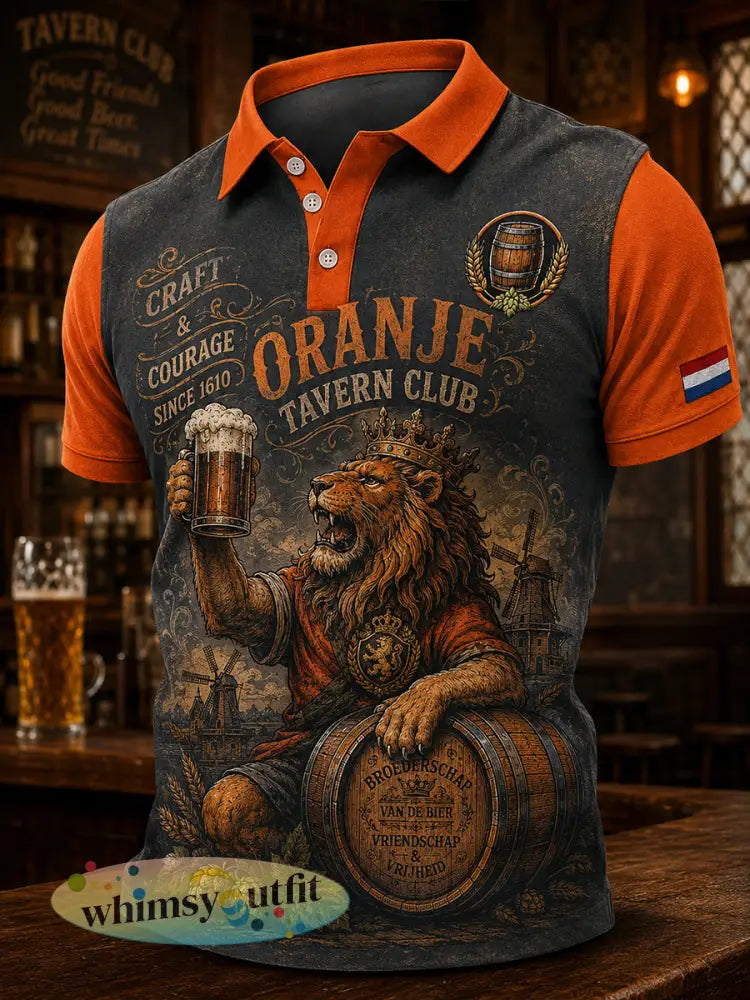 Herenpoloshirt met retro leeuwen- en bierprint en korte mouwen - A / S