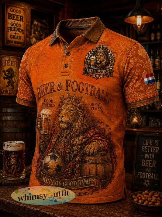 Herenpoloshirt met retro leeuwen- en bierprint en korte mouwen - A / S