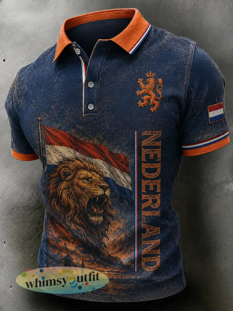 Herenpoloshirt met retro leeuwenprint en korte mouwen - A / S