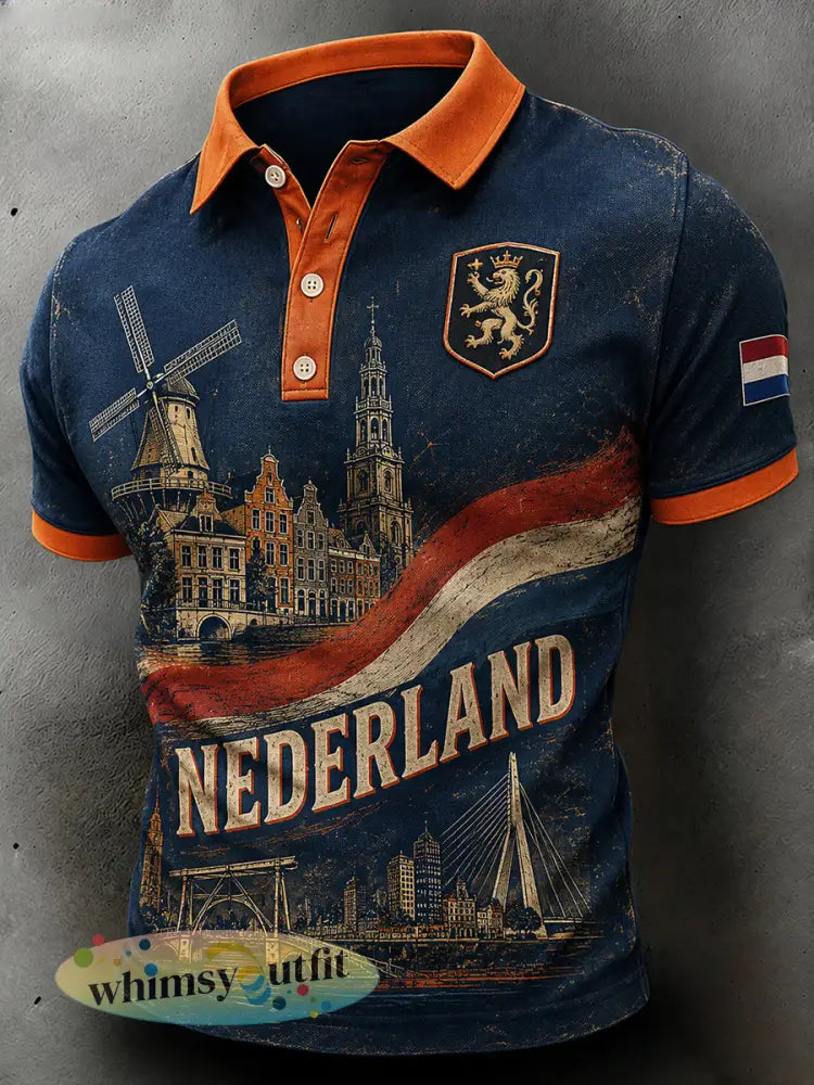 Herenpoloshirt met retro leeuwenprint en korte mouwen - A / S