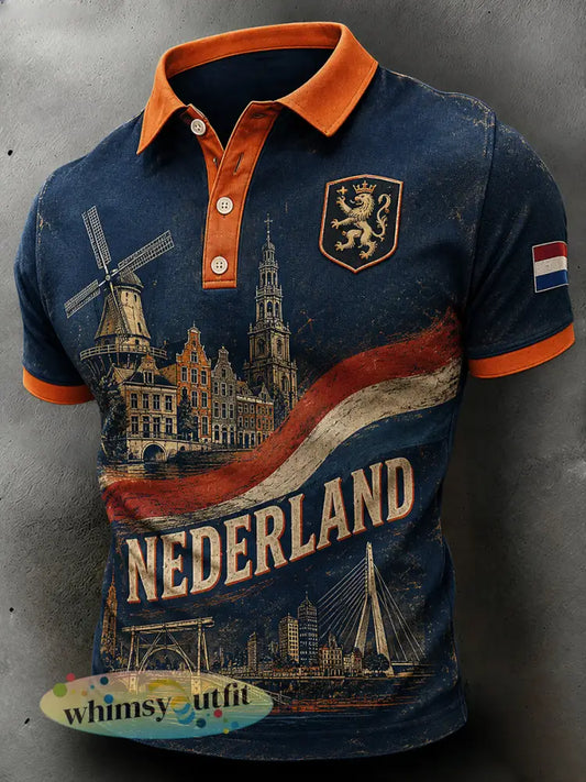 Herenpoloshirt met retro leeuwenprint en korte mouwen - A / S