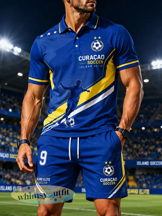 Herenpoloshirtenset in eilandstijl met voetbalthema en korte mouwen - A / S