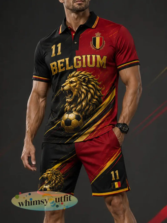 Herenpoloshirtenset met korte mouwen en print met leeuw- en voetbalthema - A / S