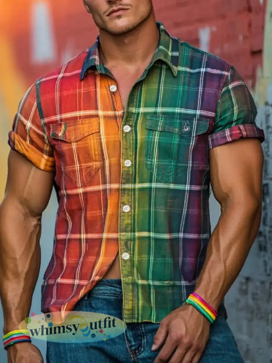 Herenpride maand regenboog geruite kunstbedrukt shirt - als foto / S