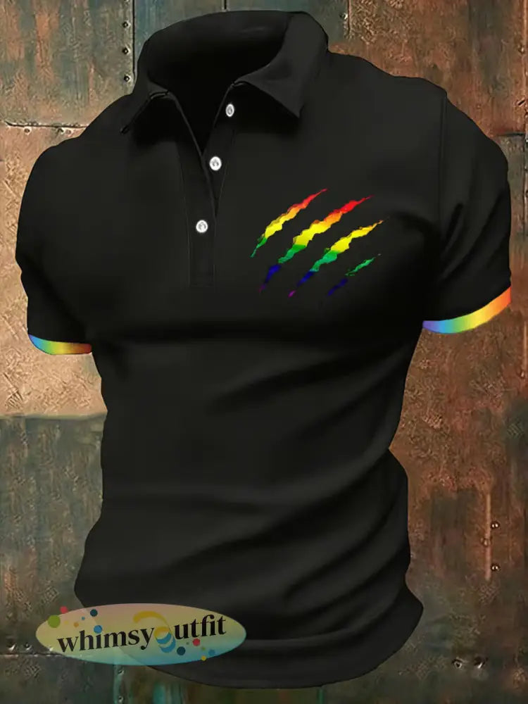 Herenproud-maand regenboogprint casual top met korte mouwen - Zwart / S