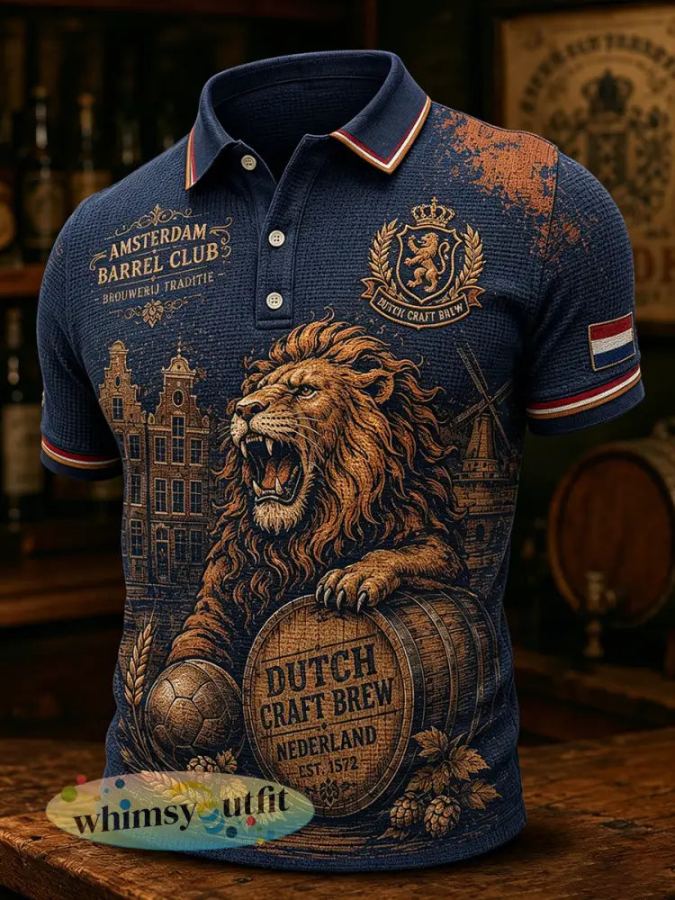 Herenpyjama met leeuwenbierprint en wafelpatroon poloshirt met korte mouwen - A / S