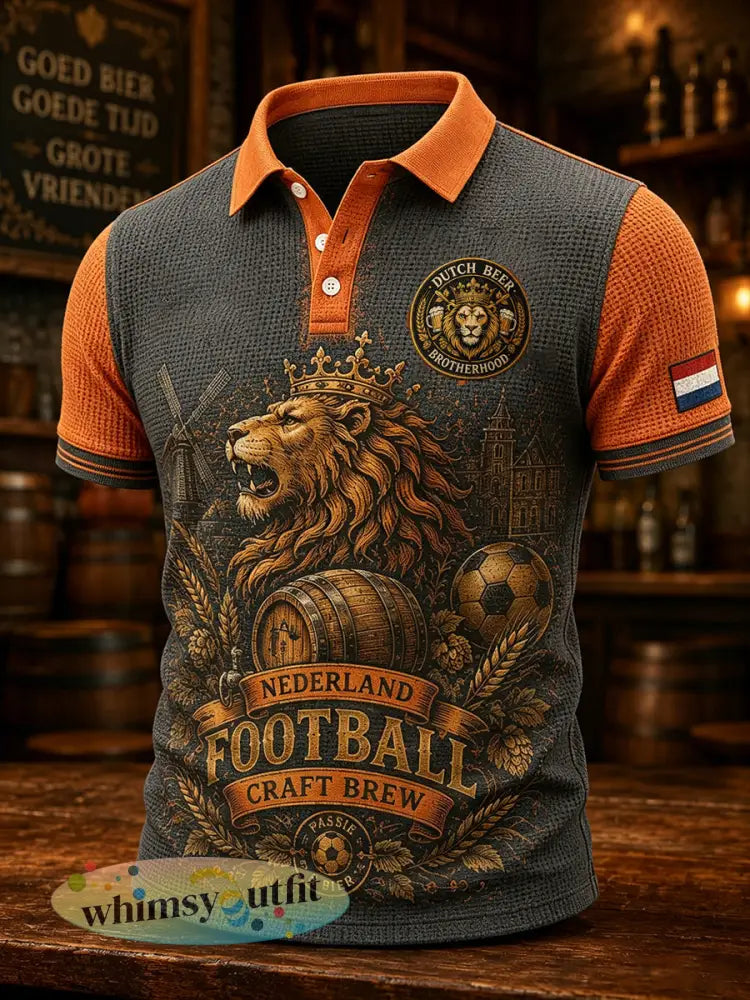 Herenpyjama met leeuwenbierprint en wafelpatroon poloshirt met korte mouwen - A / S