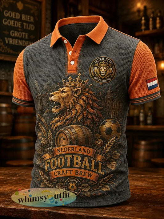 Herenpyjama met leeuwenbierprint en wafelpatroon poloshirt met korte mouwen - A / S