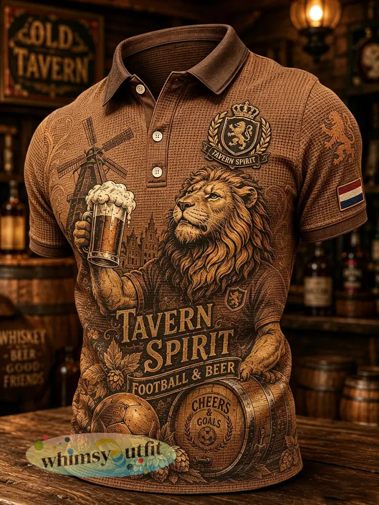 Herenpyjama met leeuwenbierprint en wafelpatroon poloshirt met korte mouwen - A / S