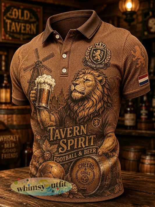 Herenpyjama met leeuwenbierprint en wafelpatroon poloshirt met korte mouwen - A / S