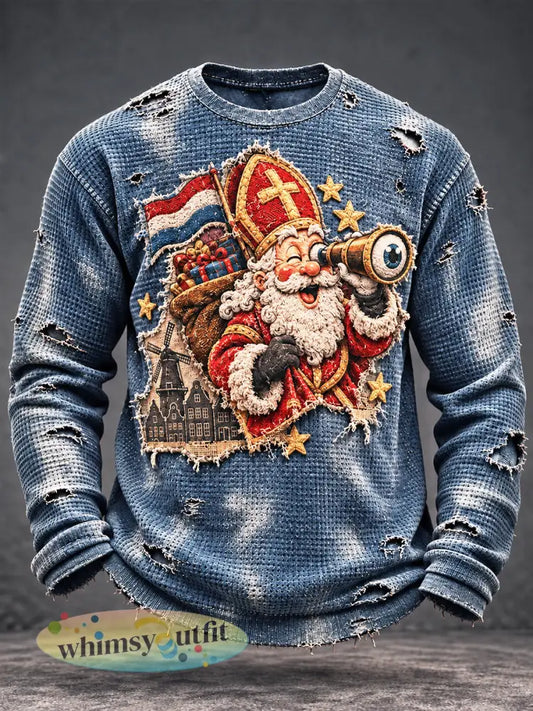 Herenretro blauw Nederlands Sinterklaas T-shirt met verweerde print casual lange mouwen - Rood / S