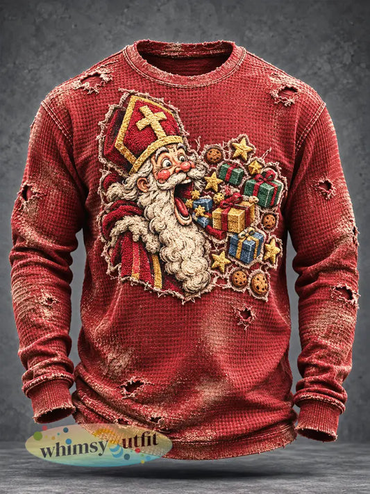 Herenretro Nederlands Sinterklaasfeest versleten print casual T-shirt met lange mouwen - Rood / S