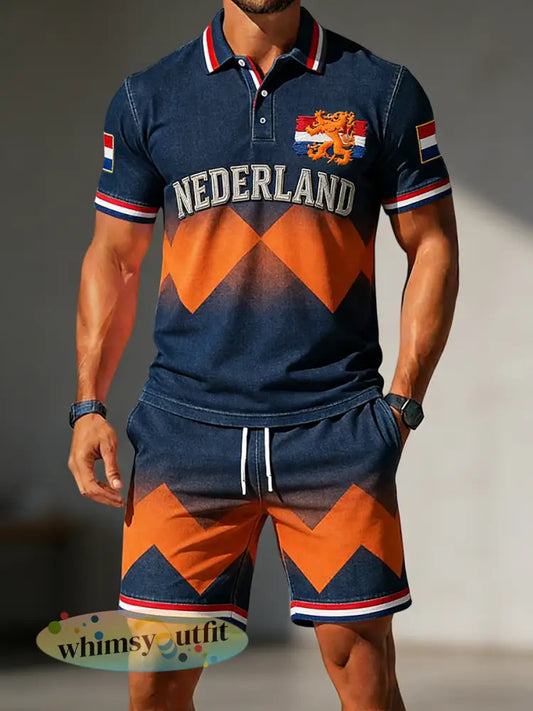 Herenretro poloshirt en korte broekset met geometrisch motief voor Koningsdag casual style - Veelkleurig / S