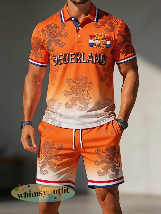 Herenretro poloshortsset in verloopkleuren voor Koningsdag casual style - Sinaasappel / S