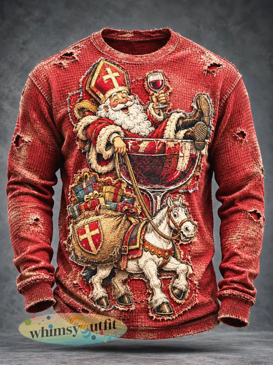 Herenretro rood Nederlands Sinterklaas-dag versleten print casual T-shirt met lange mouwen - Rood / S