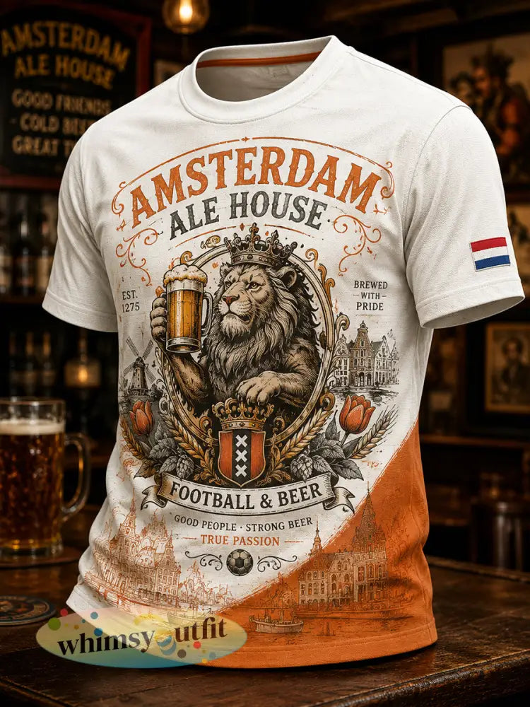 Herenretro t-shirt met leeuwen- en herbergprint en korte mouwen - A / S