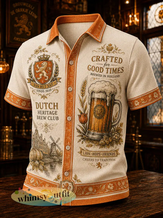 Herenretro wafeloverhemd met leeuwen- en taverneprint en korte mouwen - A / S