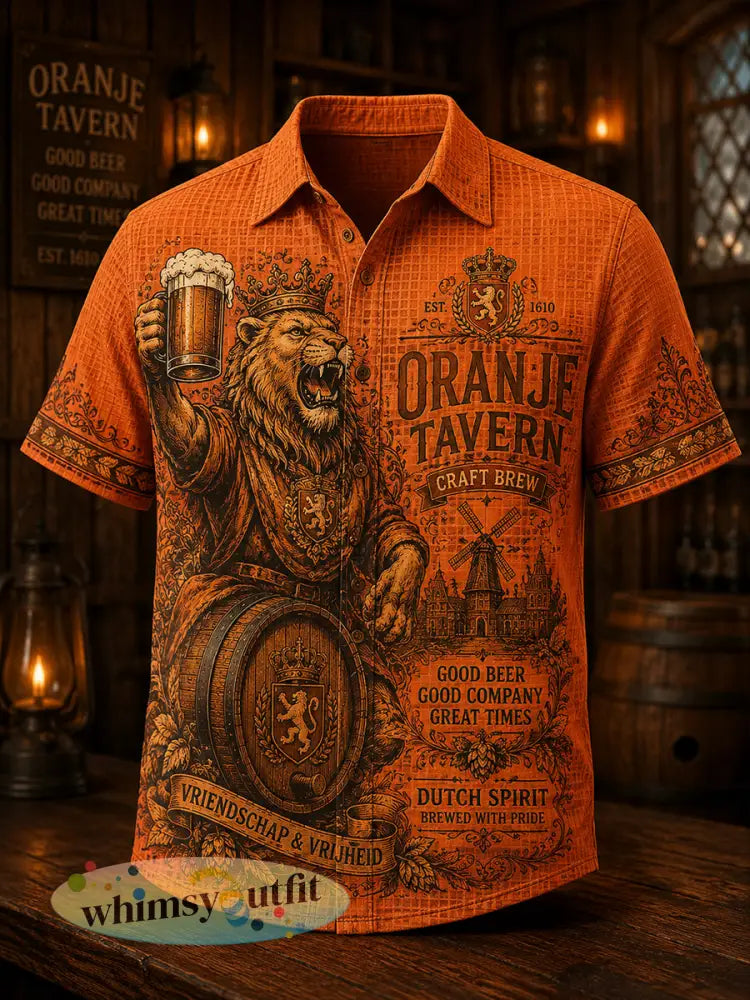 Herenretro wafeloverhemd met leeuwen- en taverneprint en korte mouwen - A / S