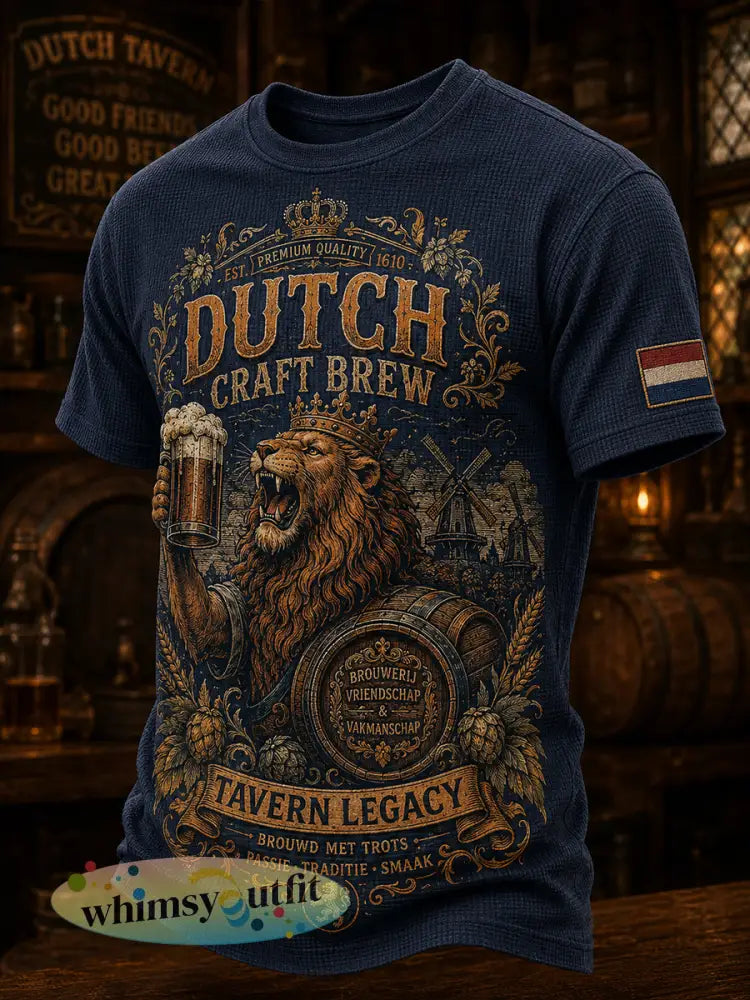 Herenretro wafeltop met leeuwen- en taverneprint en korte mouwen - A / S