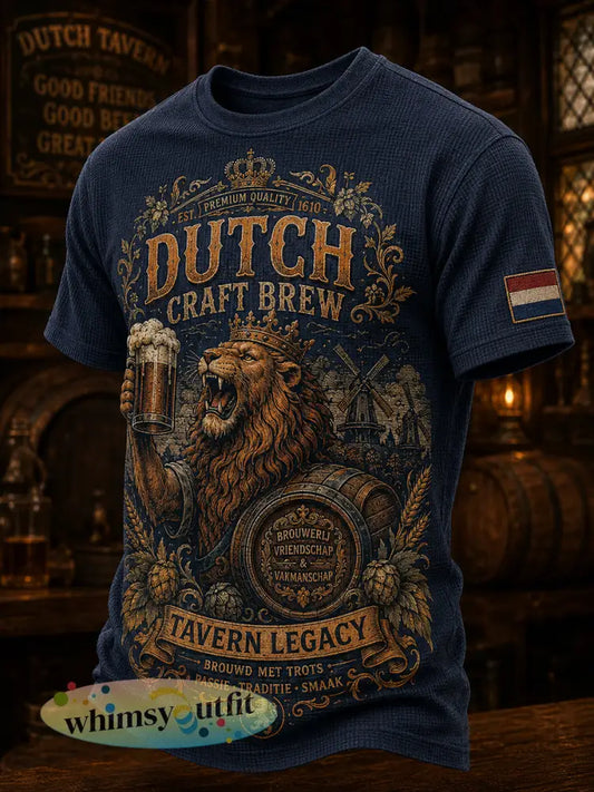 Herenretro wafeltop met leeuwen- en taverneprint en korte mouwen - A / S