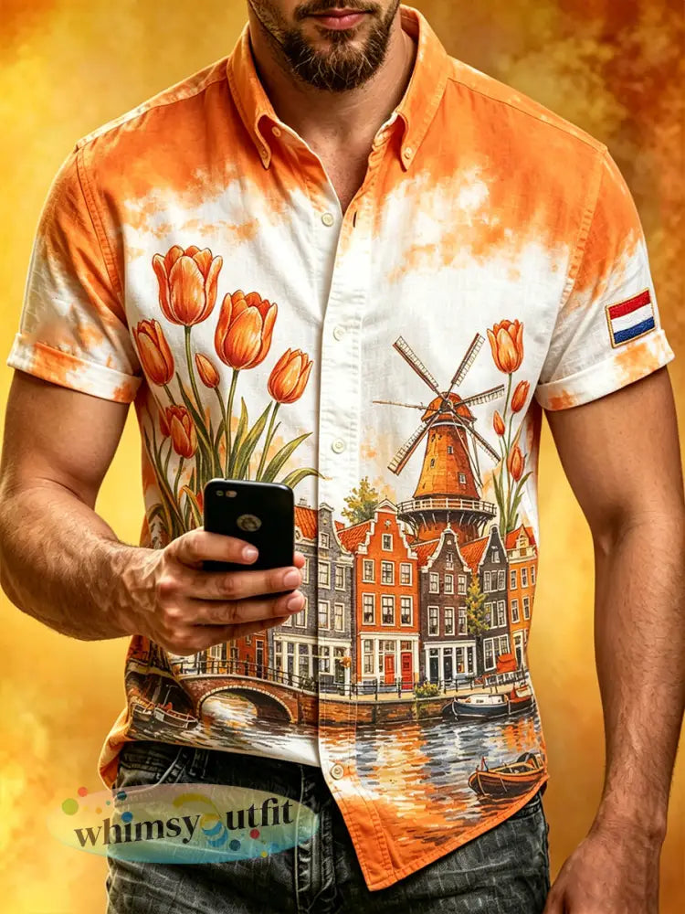 Herenretrostijl bedrukt casual shirt met korte mouwen - A / S