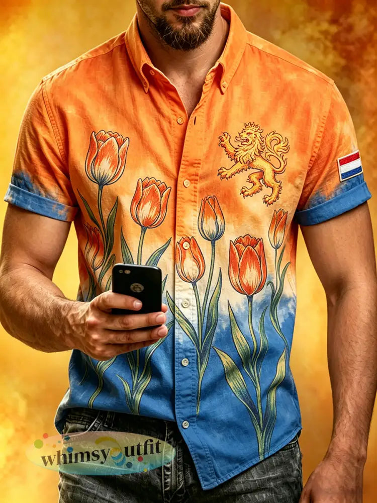 Herenretrostijl bedrukt casual shirt met korte mouwen - A / S