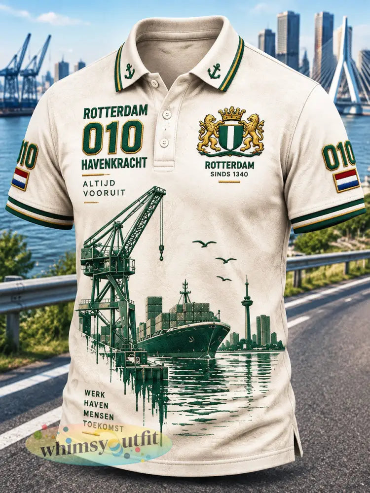 Herens poloshirt in beige met Rotterdam-stadspatroon casual stijl - Romig-Wit / S