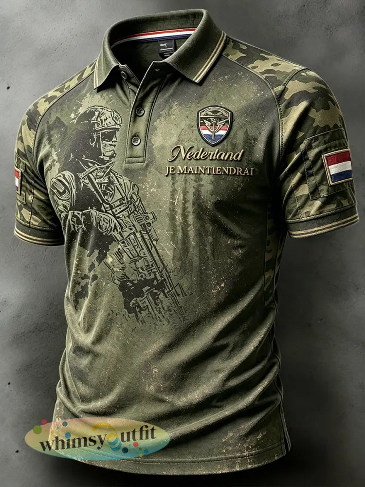 Herens poloshirt in legergroen met camouflage en patchworkprint casual stijl voor Nederlandse veteranen - Groene Leger