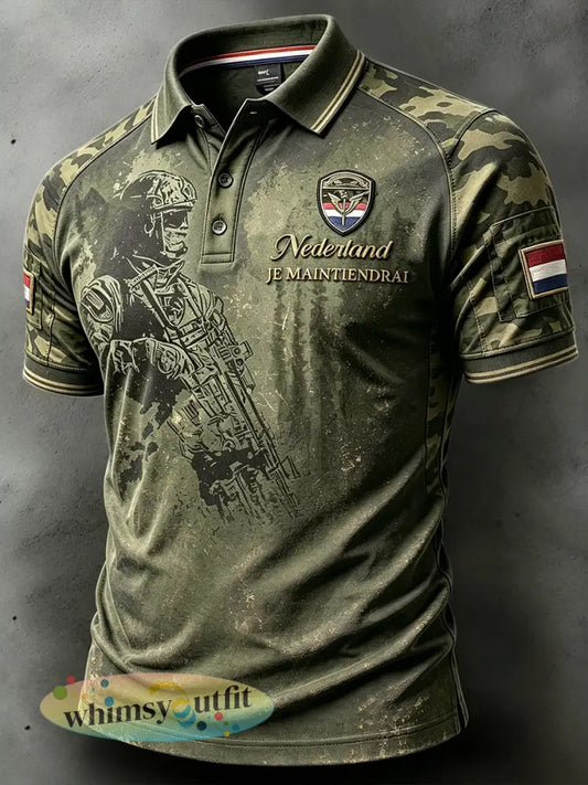 Herens poloshirt in legergroen met camouflage en patchworkprint casual stijl voor Nederlandse veteranen - Groene Leger