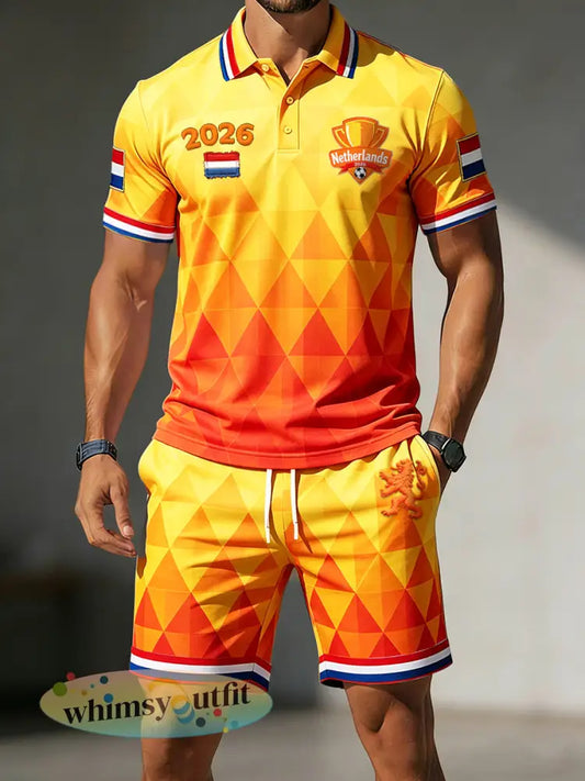 Herenset met casual poloshirt en korte broek met verloopkleur Nederlandse voetbal- en geometrisch motief - Sinaasappel