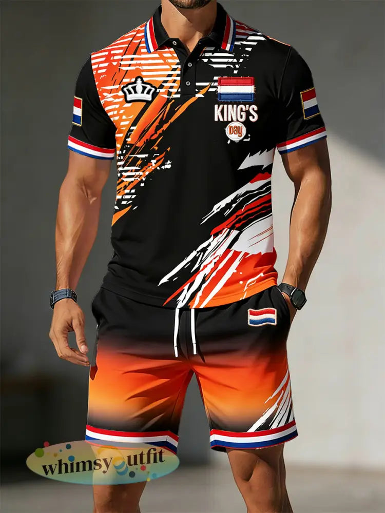 Herenset van casual poloshirt en korte broek met King’s Day-print uit Nederland - Zwart / S