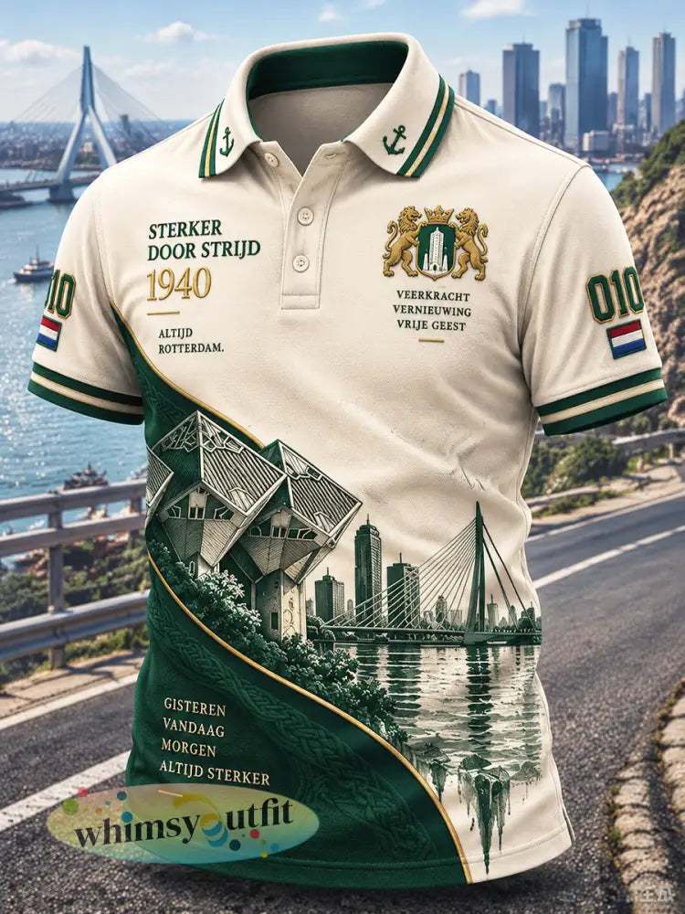 Herenshirt beige met Rotterdam-stadpatchworkprint casual poloshirt - Veelkleurig / S