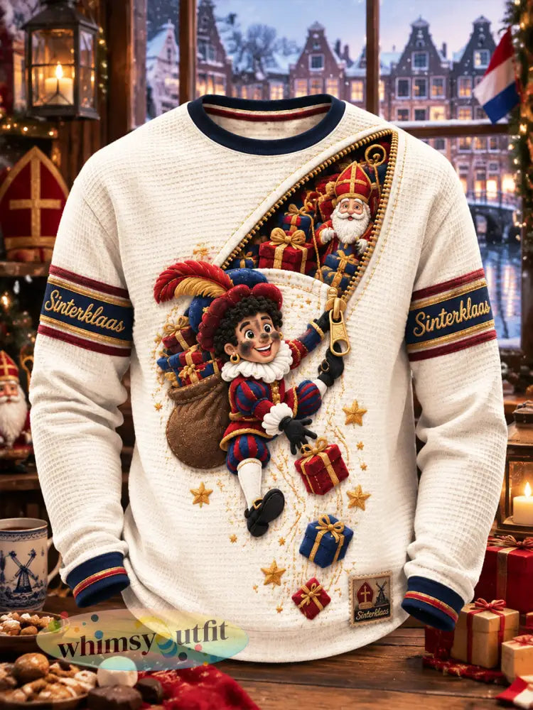 Herenshirt in beige met Nederlands Sinterklaaspatroon casual en langmouw - Romig-Wit / S