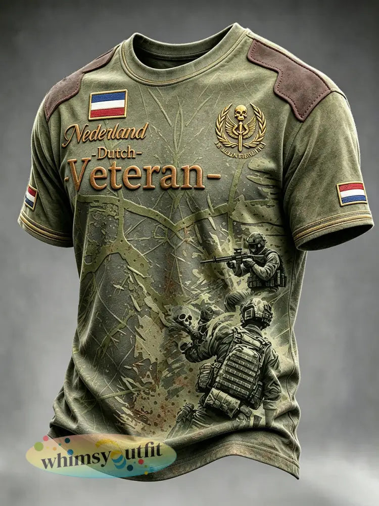 Herenshirt in vintagestijl legergroen met patchworkprint van Nederlandse veteranen casual t-shirt - Groene Leger / S