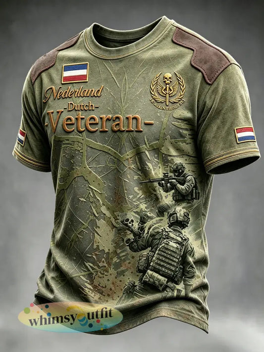 Herenshirt in vintagestijl legergroen met patchworkprint van Nederlandse veteranen casual t-shirt - Groene Leger / S