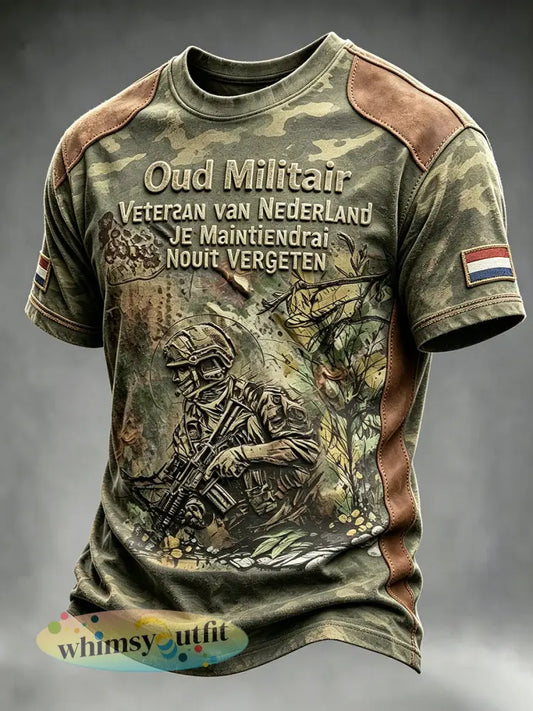Herenshirt in vintagestijl met Nederlandse veteranen- en camouflageprint casual model - Groene Leger / S