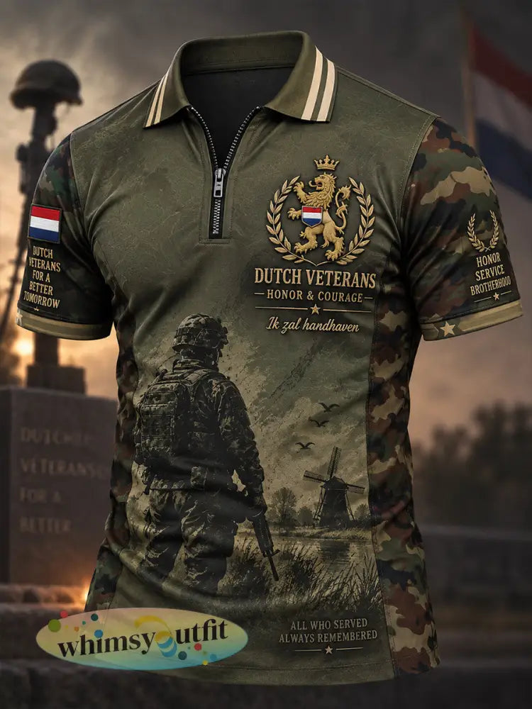 Herenshirt in vintagestijl met veteraantema poloshirt met korte mouwen en ritssluiting aan de voorkant - A / S
