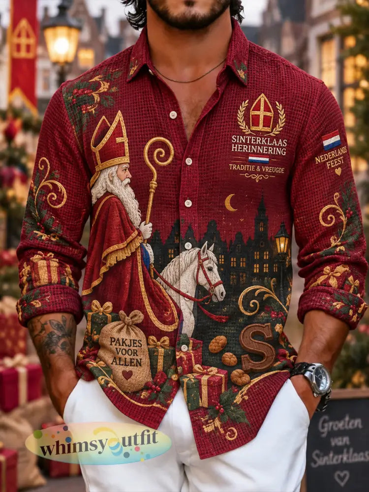 Herenshirt met grafische print voor Sint-Nicolaasdag gewafeld gebreid lange mouwen - A / S