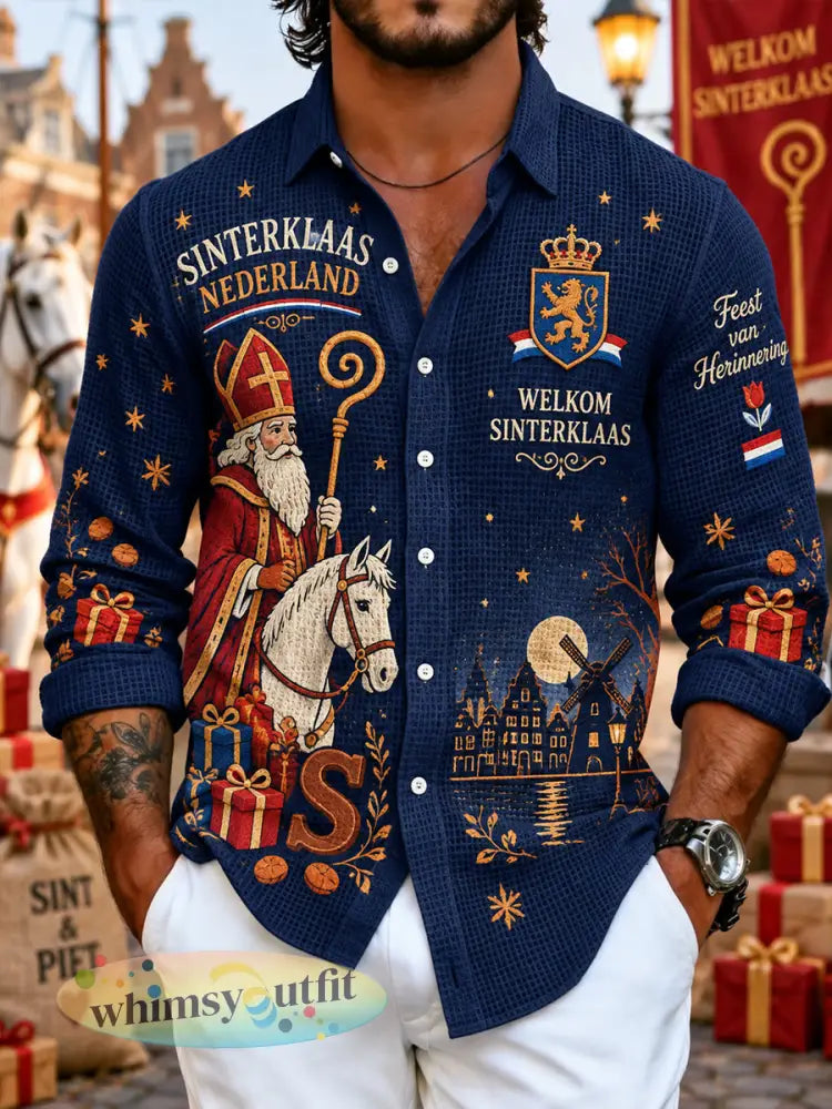 Herenshirt met grafische print voor Sint-Nicolaasdag gewafeld gebreid lange mouwen - A / S